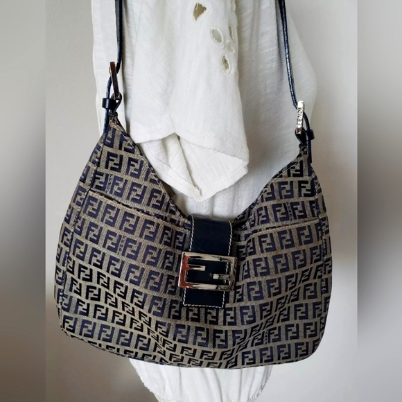 Fendi Handbags - 🔥FENDI zucca baguette vintage shoulder bag canvas navy blue/grey logo🔥